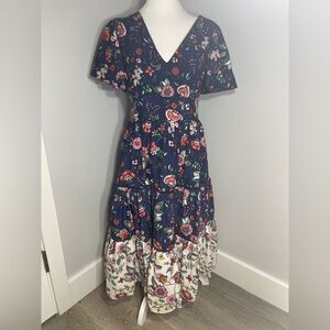 ELIZA J Navy Floral Maxi Dress with White Floral Hem Size 4